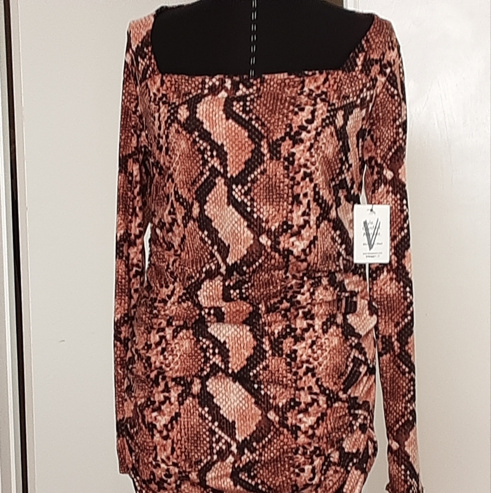 Vibe Sportswear Brown Reptile Print Long Sleeve Dress
